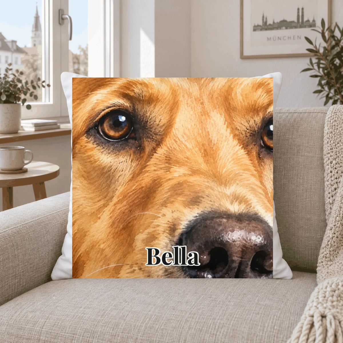 Kissen Hund ganz nah mit Foto und Namen auf dem Sofa