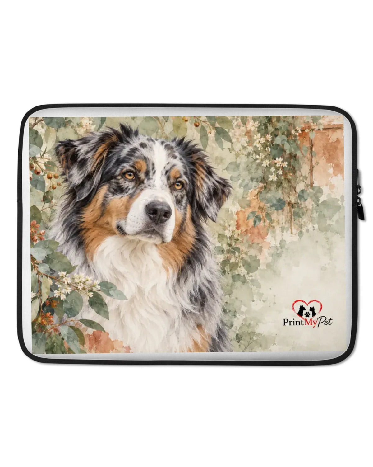 Laptophülle mit Australian Shepherd im Aquarell-Stil, Vorderansicht