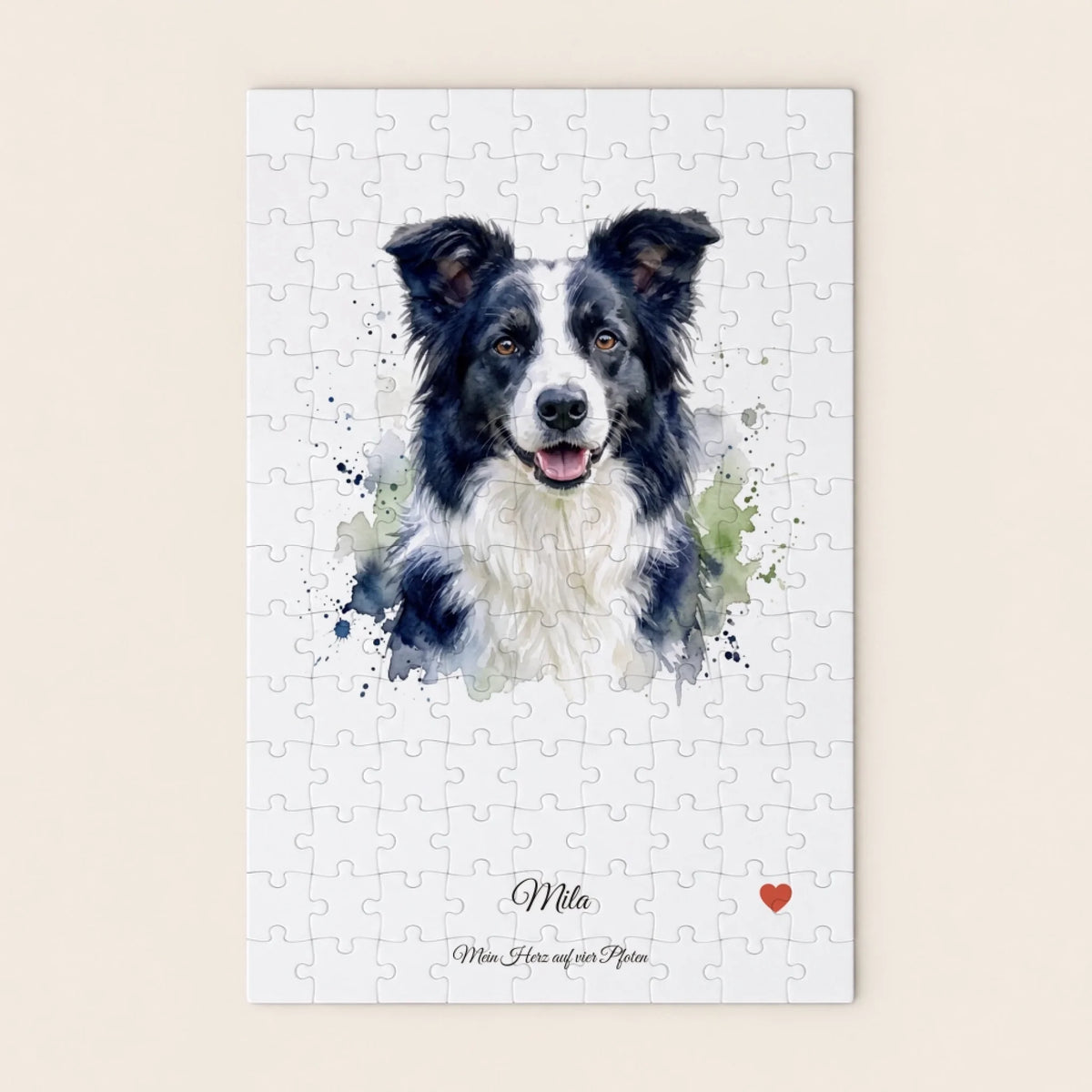 Personalisiertes Hunde-Puzzle im Hochformat – Border Collie Mila als Aquarell mit Schreibschrift und Herz