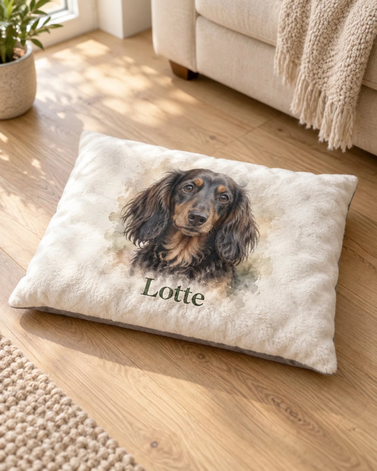 Hundeliegekissen mit Langhaardackel Lotte im Aquarellstil