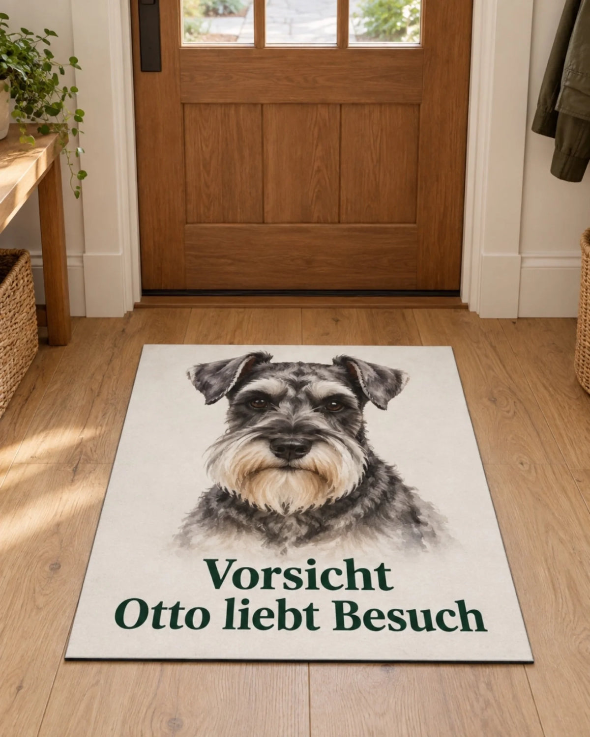 Personalisierte Fußmatte: Vorsicht, hier wird Besuch geliebt mit Zwergschnauzer und Namen Otto im Aquarell-Stil