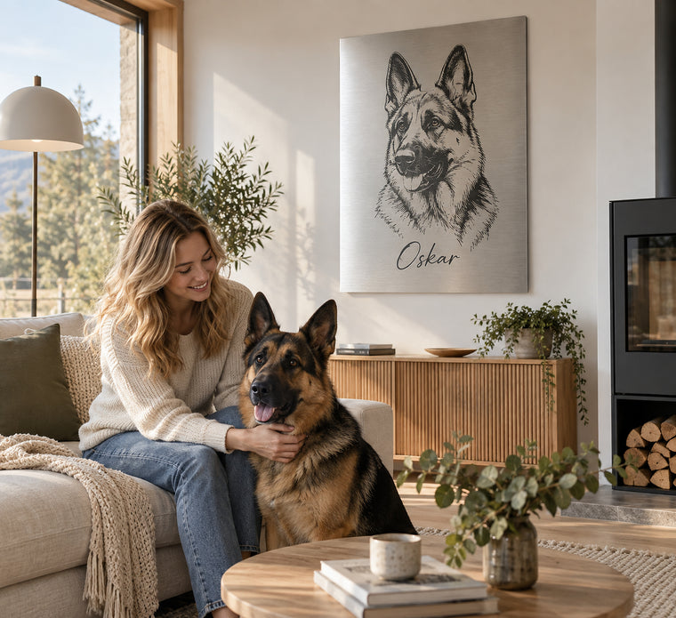 Hundeportrait auf Aluminium im Wohnzimmer, Deutscher Schäferhund mit dem Namen Oskar