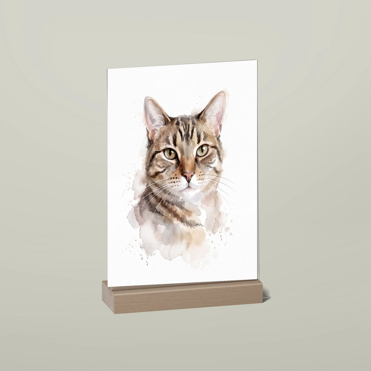 Katzenportrait als Acryl-Aufsteller mit Holzfuß im Stil Aquarell, mit Name und Zusatzzeile