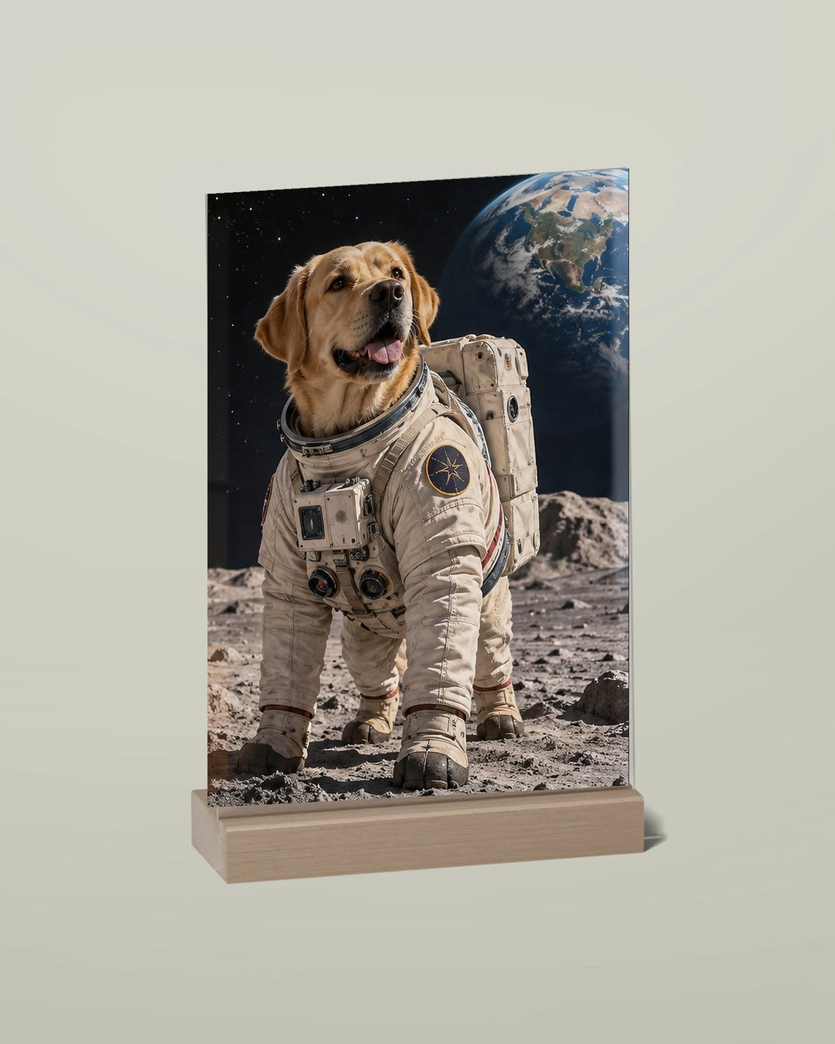 Wunschbild als Acryl-Aufsteller mit Holzfuß: Hund als Astronaut auf dem Mond