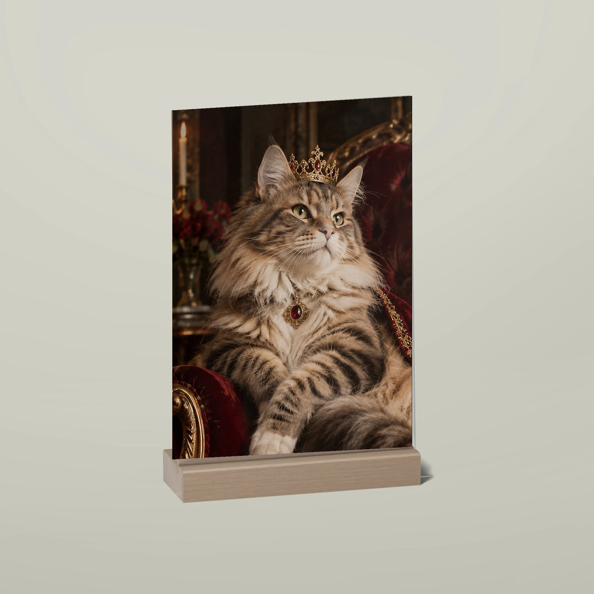 Wunschbild als Acryl-Aufsteller mit Holzfuß: Katze als Königin auf rotem Samtsessel