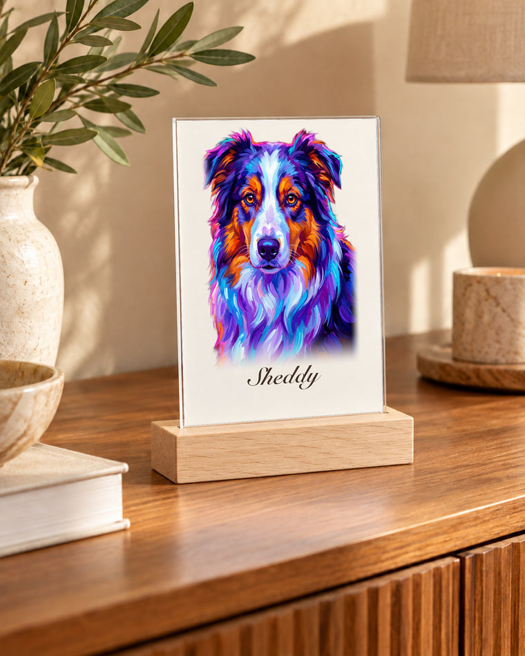 Hundeportrait im Pop-Art-Stil als Acryl-Aufsteller mit Holzfuß und dem Namen Sheddy, auf einem Holz-Sideboard neben Vase und Kerze