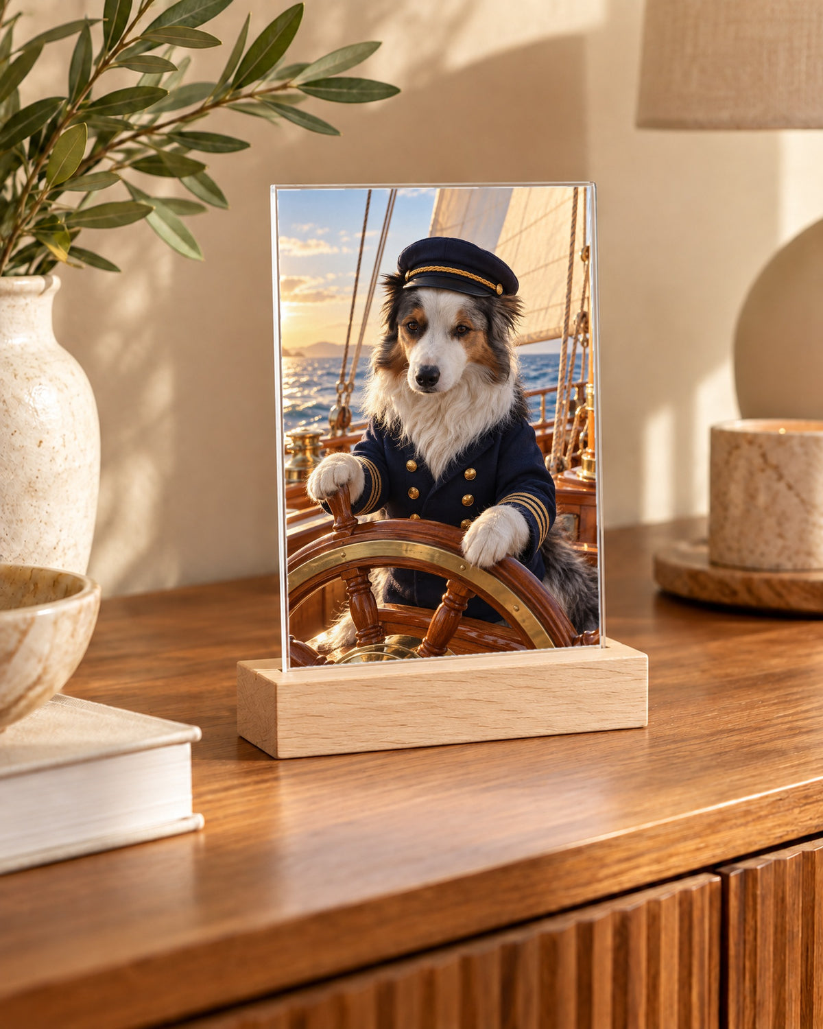 Wunschbild als Acryl-Aufsteller mit Holzfuß: Hund als Kapitän am Steuerrad eines Segelschiffs, auf einem Holz-Sideboard