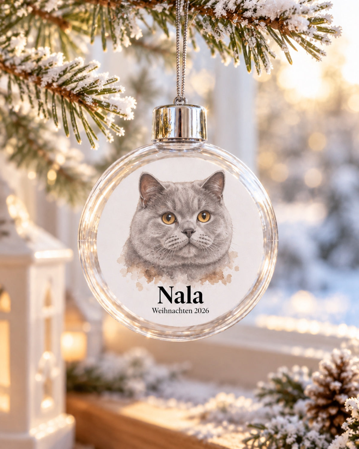Transparente Christbaumkugel mit Britisch Kurzhaar Katze Nala als Aquarell und Namen an einem kleinen frostigen Zweig im sonnigen Fenster im Winter