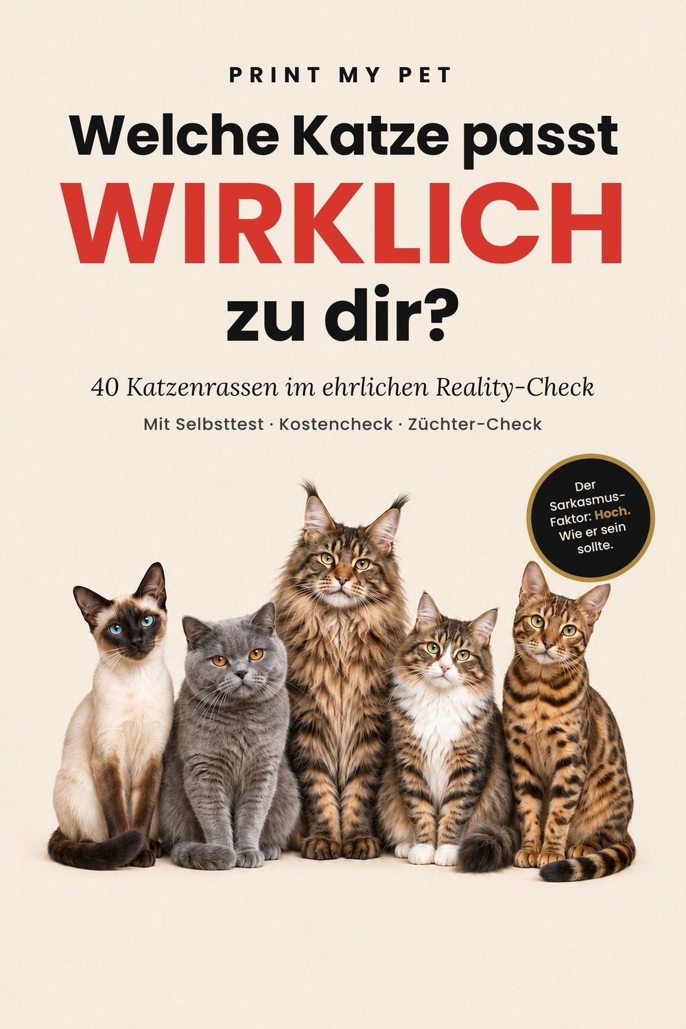 Buchcover: Welche Katze passt wirklich zu dir, 40 Katzenrassen im Reality-Check, mit fünf sitzenden Katzen vor hellem Grund