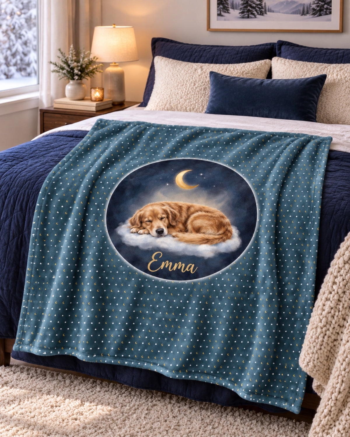 Fleecedecke Schlummertraum mit Golden Retriever Emma auf einem navyblauen Bett im Winter
