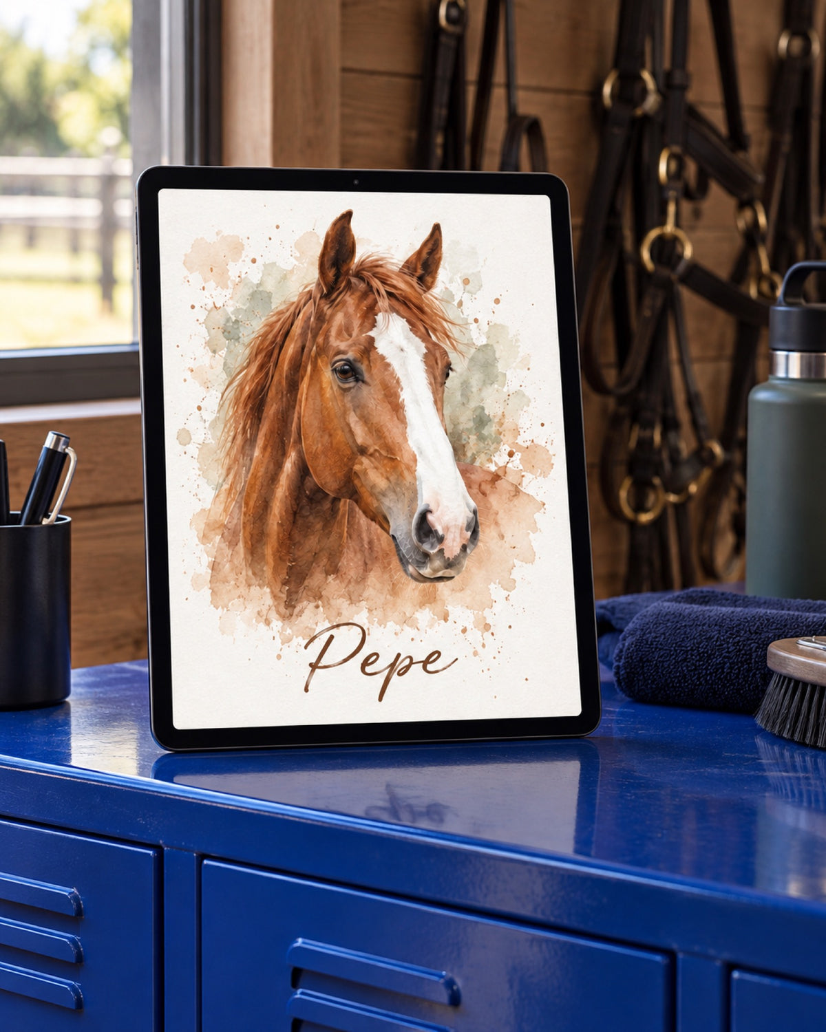 Digitales Tierportrait mit Fuchs im Aquarell Stil und Namen Pepe als Beispiel auf einem schwarzen Tablet auf einer kobaltblauen Spindbank im Stallbüro