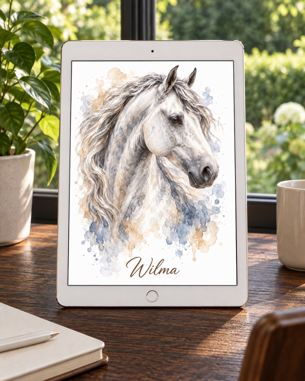 Digitales Tierportrait mit Schimmel im Aquarell Stil und Namen Wilma als Beispiel auf einem weißen Tablet auf einem dunklen Eichenpult vor grünem Gartenfenster