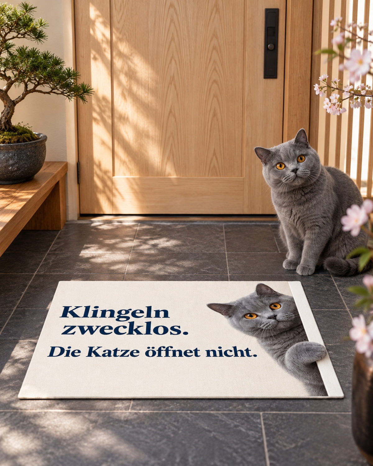 Fußmatte Klingeln zwecklos mit derselben grauen Britisch Kurzhaar Katze wie im gedruckten Motiv im Hauseingang im Frühling