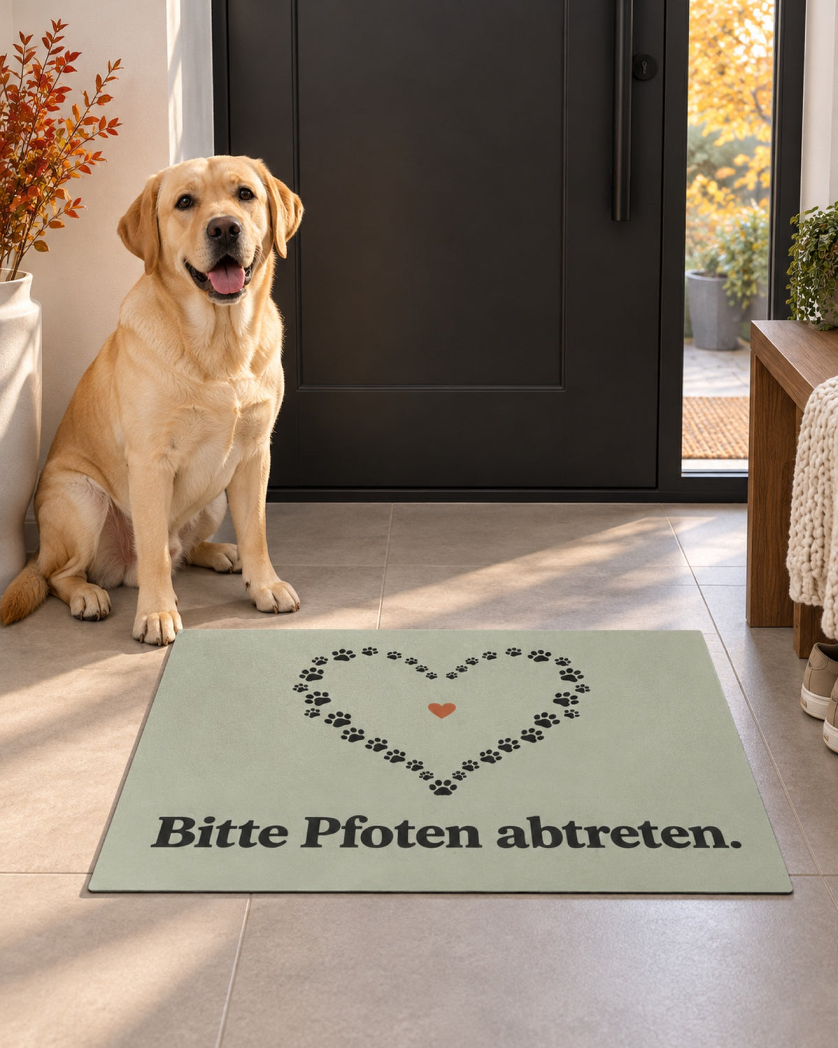 Salbeifarbene Fußmatte Bitte Pfoten abtreten mit Labrador Bruno im herbstlichen Wohnungseingang