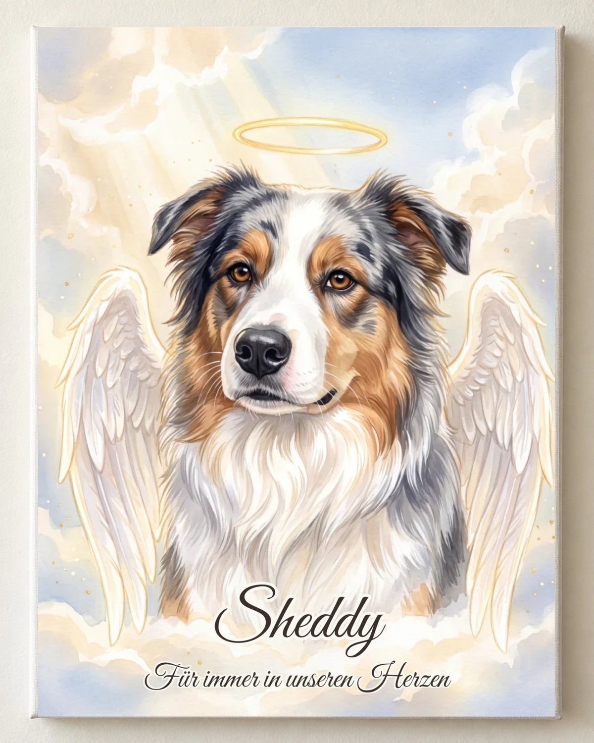 Angel memorial portrait on canvas, portrait format: Sheddy the dog with angel wings and a halo against a bright sky, with name