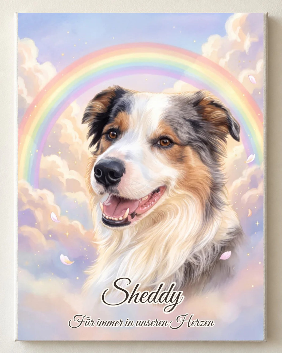 Rainbow Bridge memorial portrait on canvas, portrait format: Sheddy the dog in front of a rainbow in pastel clouds, with name