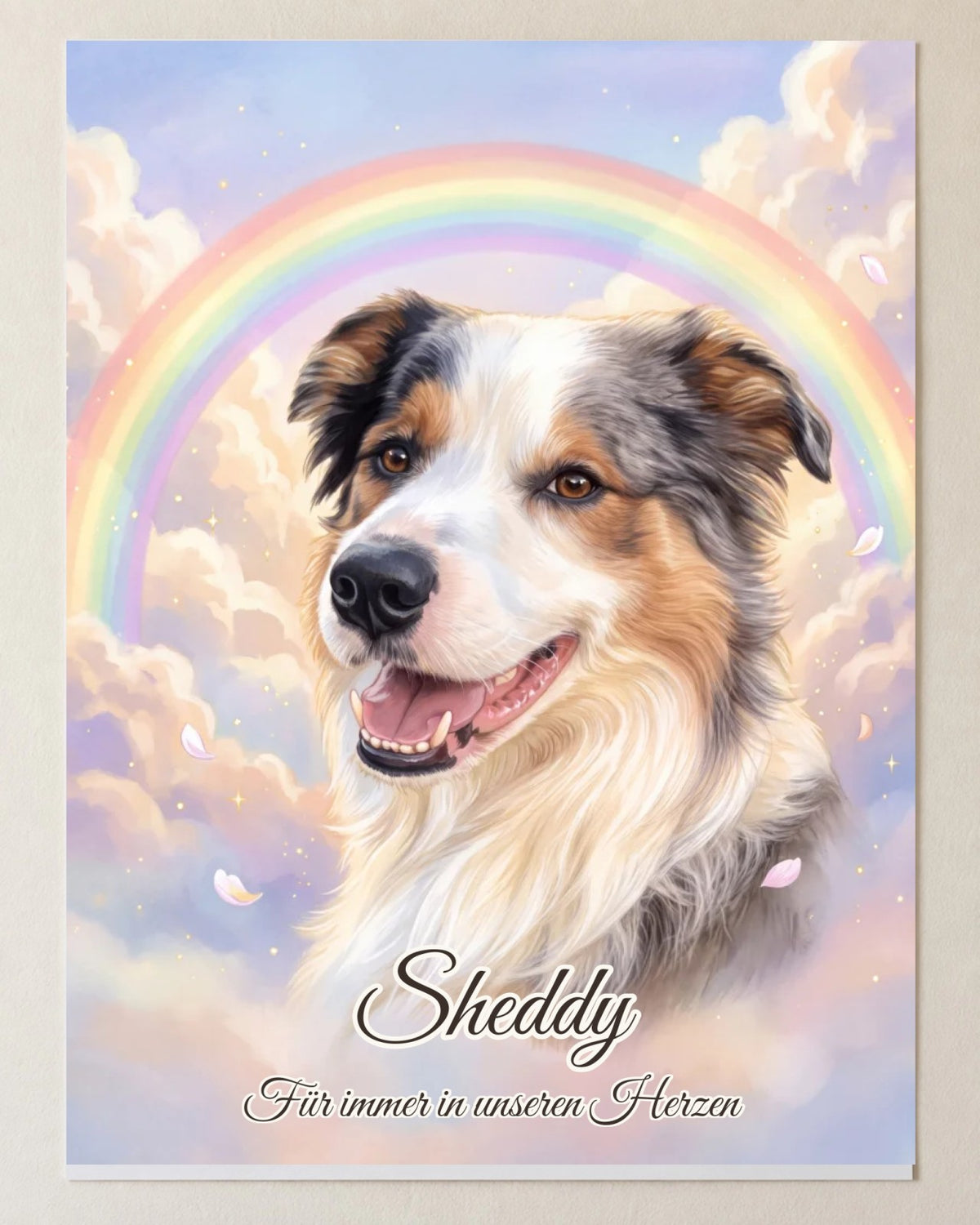 Gedenkportrait Regenbogenbrücke als Poster, Hochformat: Hund Sheddy vor einem Regenbogen in pastellfarbenen Wolken, mit Namen