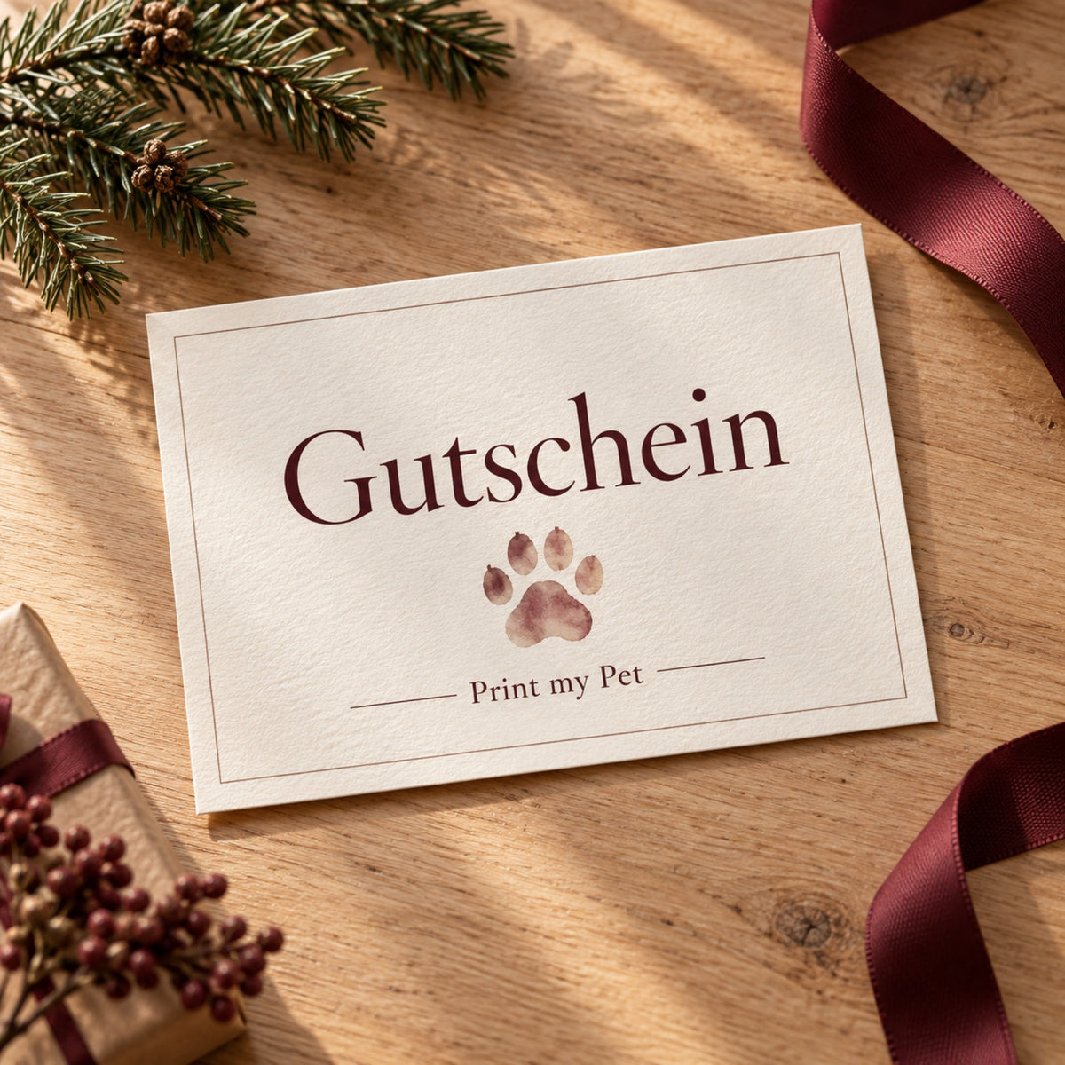 Geschenkgutschein von Print my Pet als Karte auf Holztisch mit Tannenzweig und weinroter Schleife