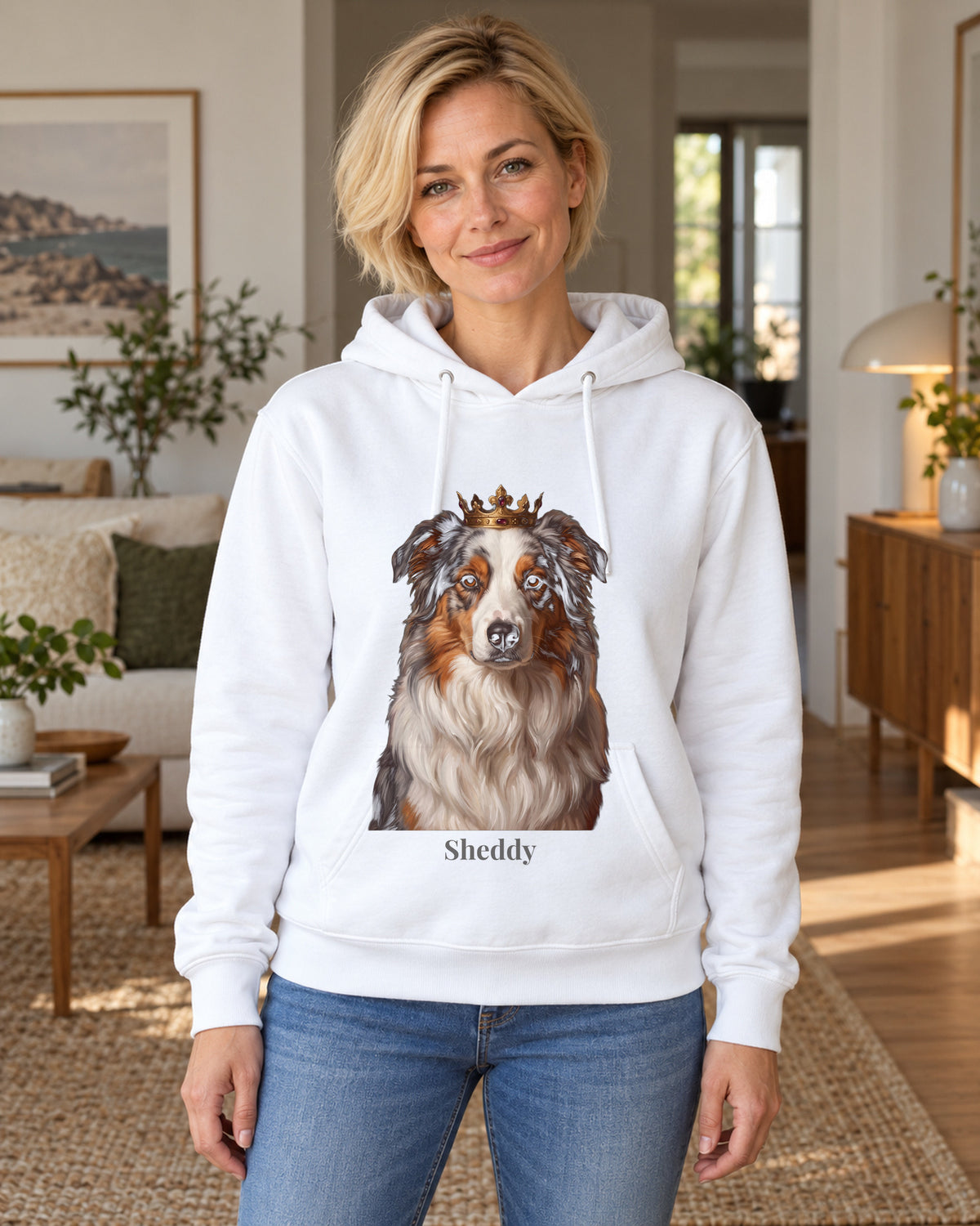 Hoodie in Hellblau mit Portrait von einem Australian Shepherd im Stil Royal und dem Namen Sheddy, getragen von einer Frau in einer hellen Wohnung
