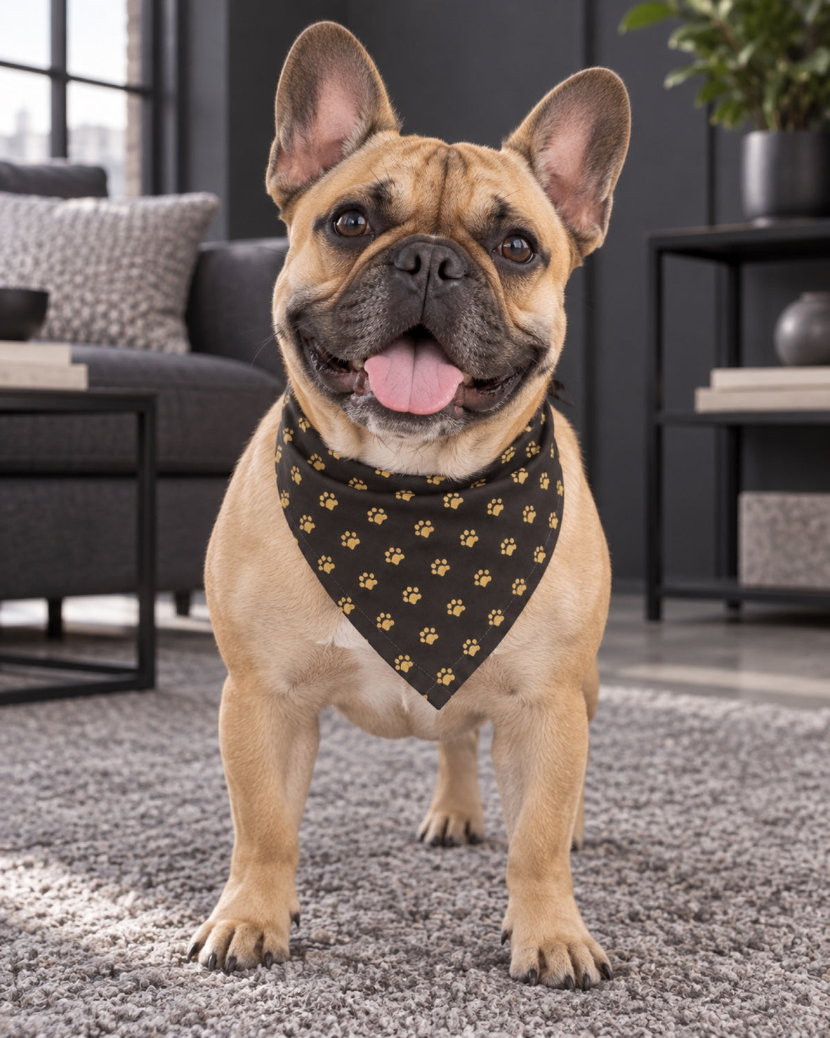 Französische Bulldogge mit dunkelbraunem Halstuch mit Pfoten auf einem urbanen anthrazitfarbenen Loft auf grauem Teppich