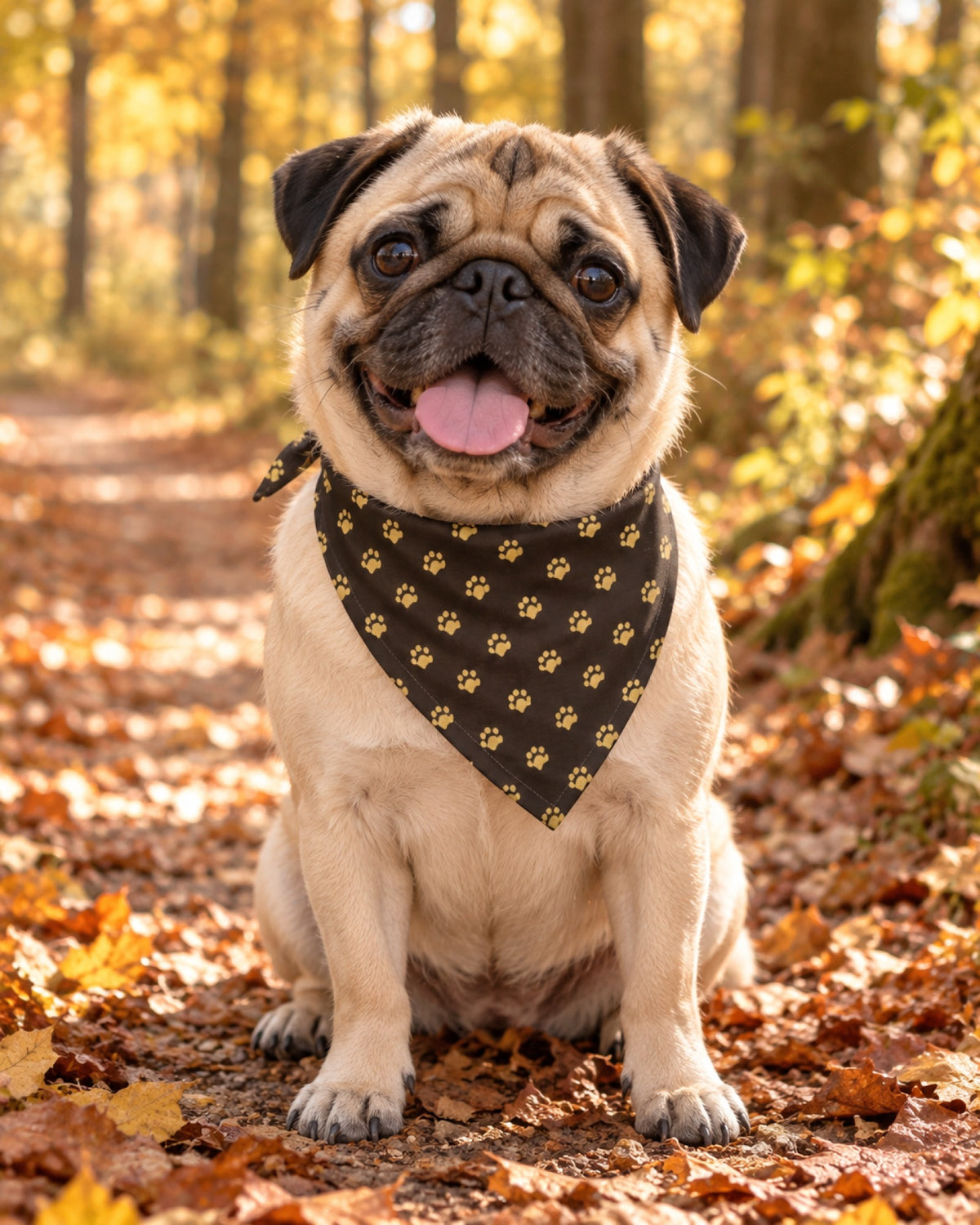 Mops mit dunkelbraunem Halstuch mit Pfoten auf einem warmen Waldweg im Herbst
