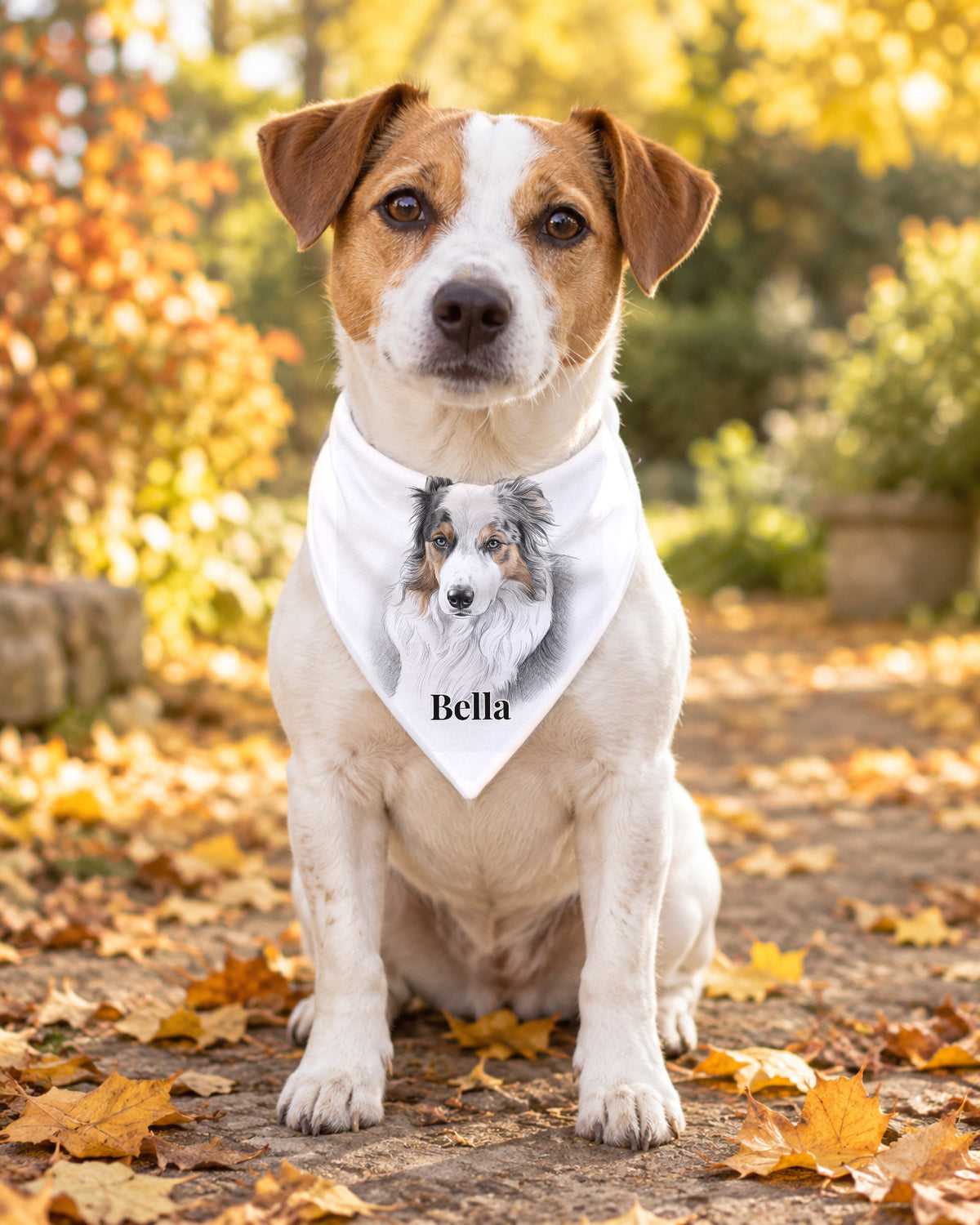 Hundehalstuch mit Hundeportrait im Sketch-Stil und Namen Bella am Jack Russell im Herbstlaub