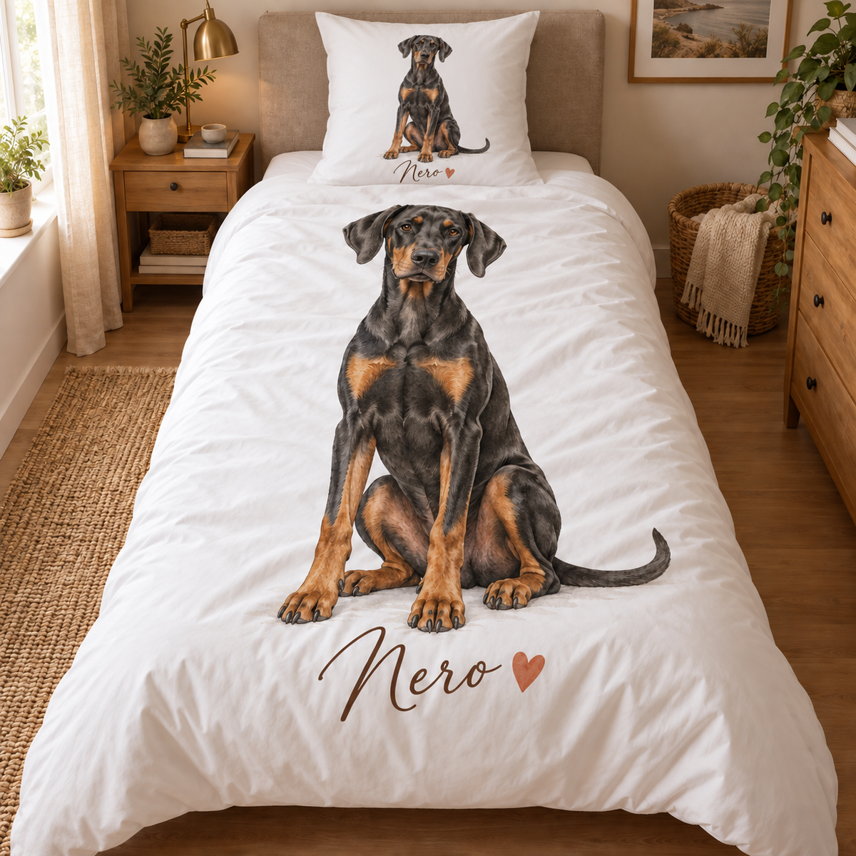 Gestaltungsbeispiel: weißes Hunde-Bettwäsche-Set mit Dobermann Nero auf Bett- und Kissenbezug