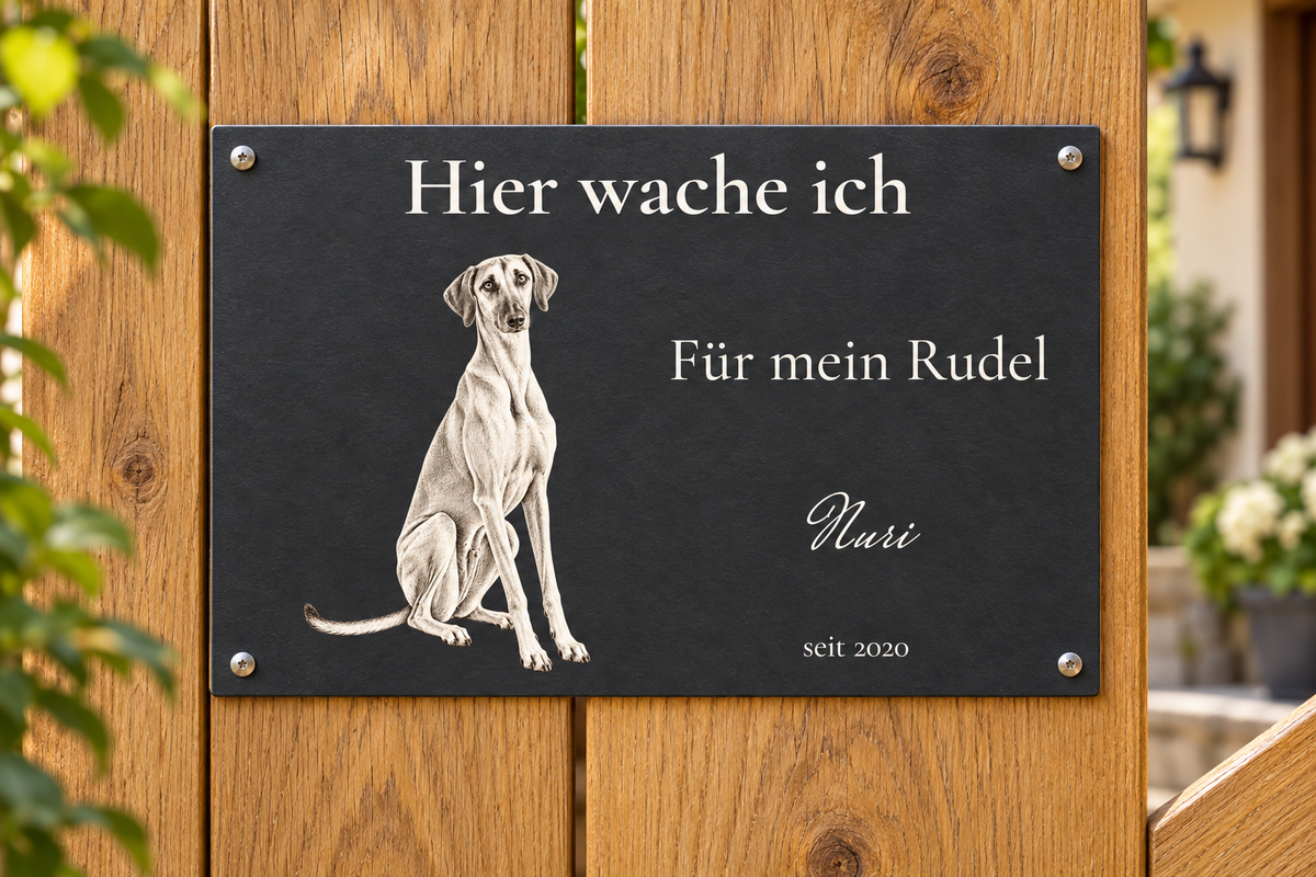 Grafisches Hunde-Türschild Nachtwache mit Nuri und großer heller Schrift am Gartentor