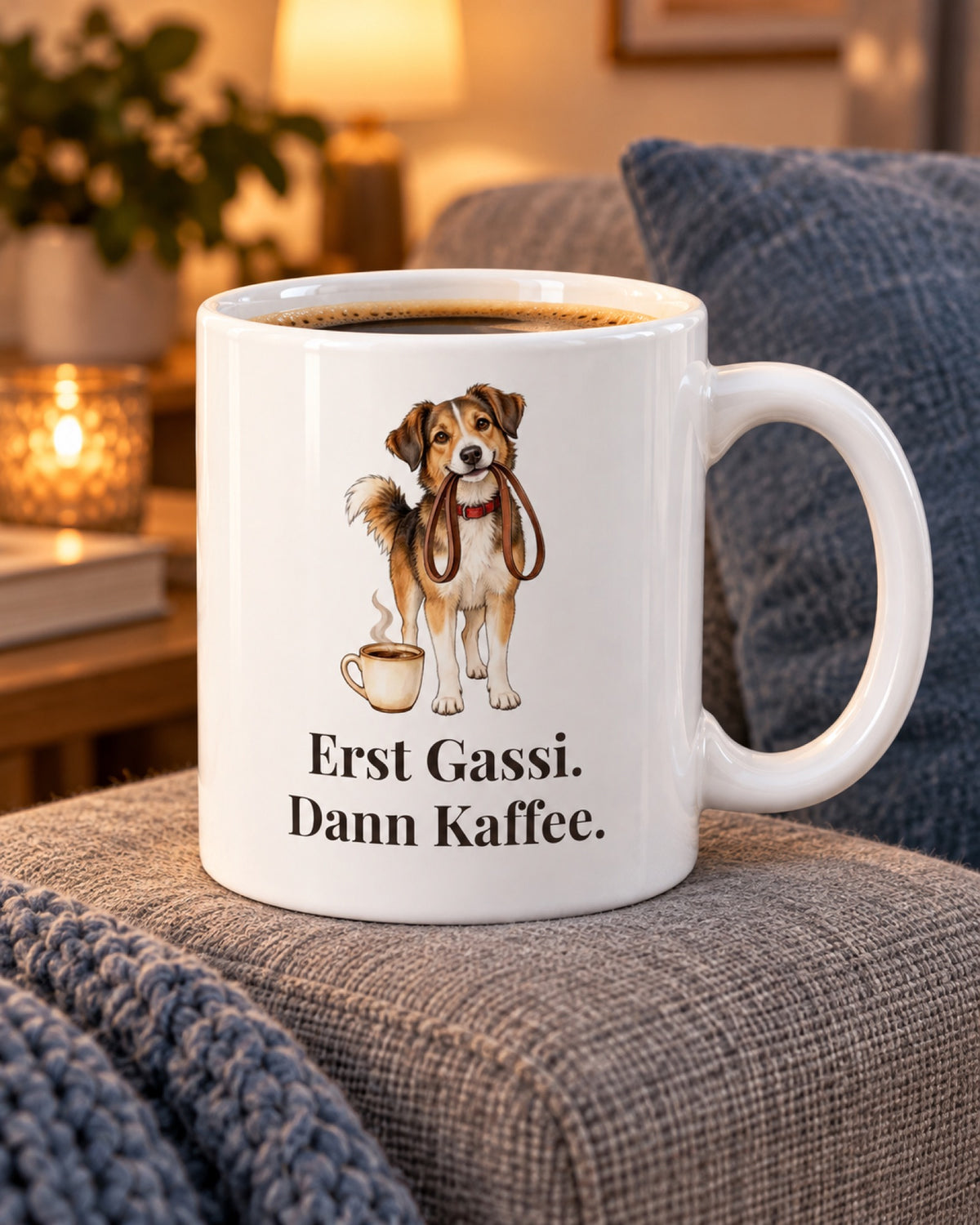 Weiße Keramiktasse Hundetasse mit Spruch: Erst Gassi. Dann Kaffee. auf dem Sofa am Abend