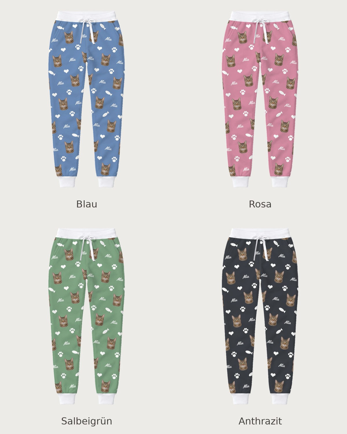 Joggers with cat faces: all four colours compared