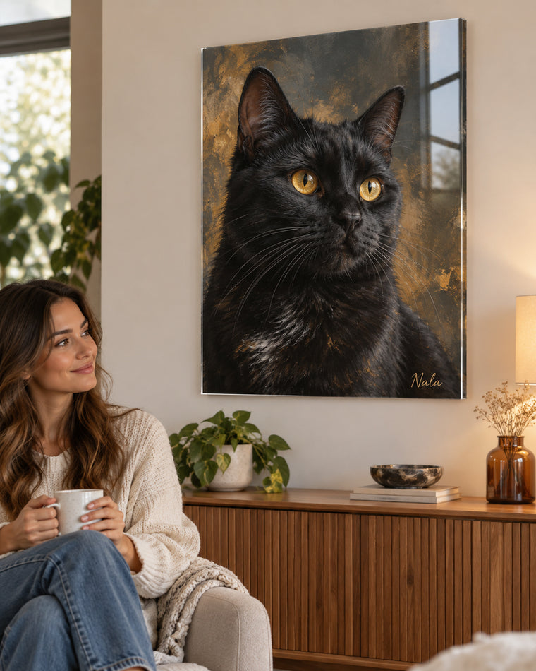 Cat portrait on acrylic glass in a living room, black cat named Nala