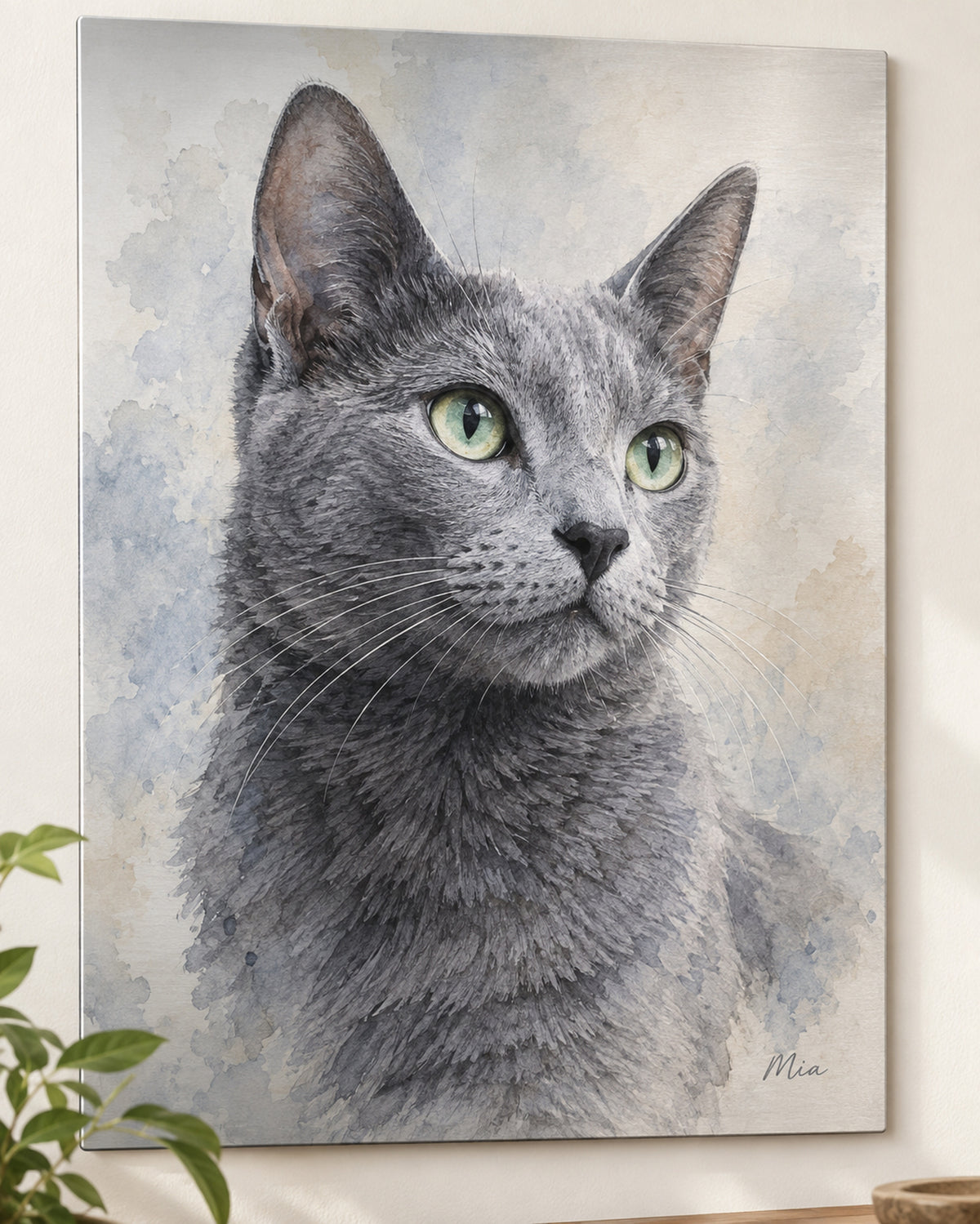 Katzenportrait auf Aluminium: Russisch Blau mit dem Namen Mia