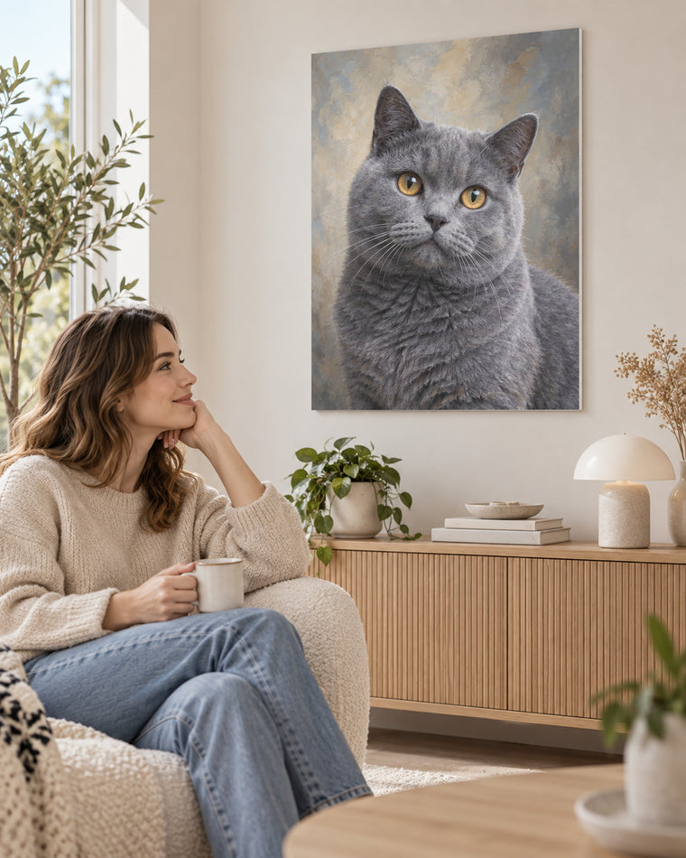 Cat portrait on foam board in a living room, British Shorthair