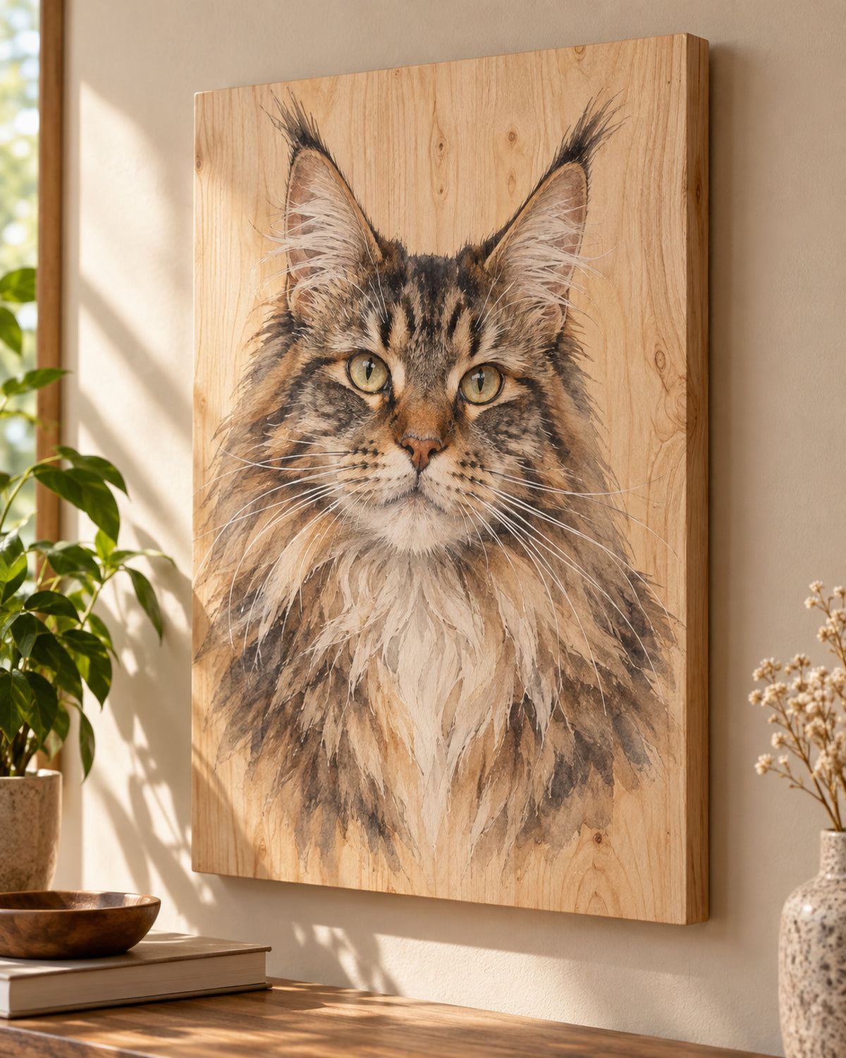 Cat portrait on wood: Maine Coon named Mia