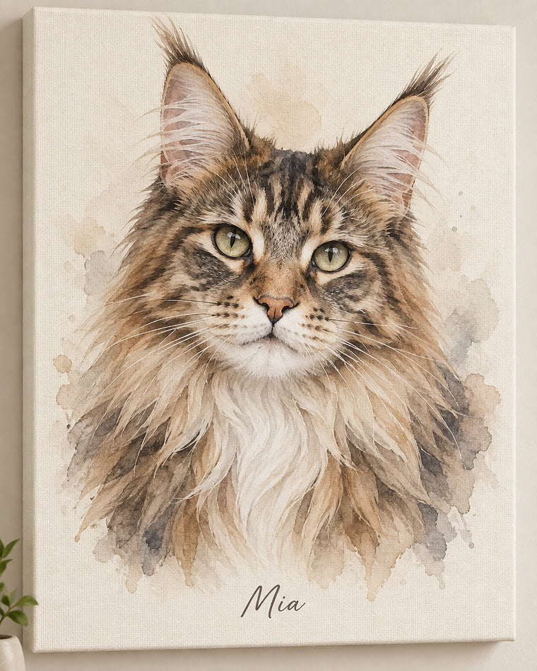Katzenportrait auf Leinwand: Maine Coon mit dem Namen Mia