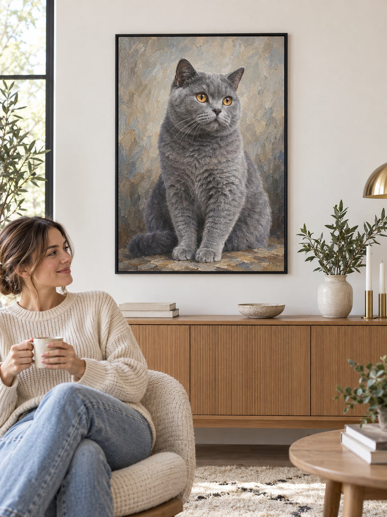 Cat portrait in a metal frame in a living room, British Shorthair