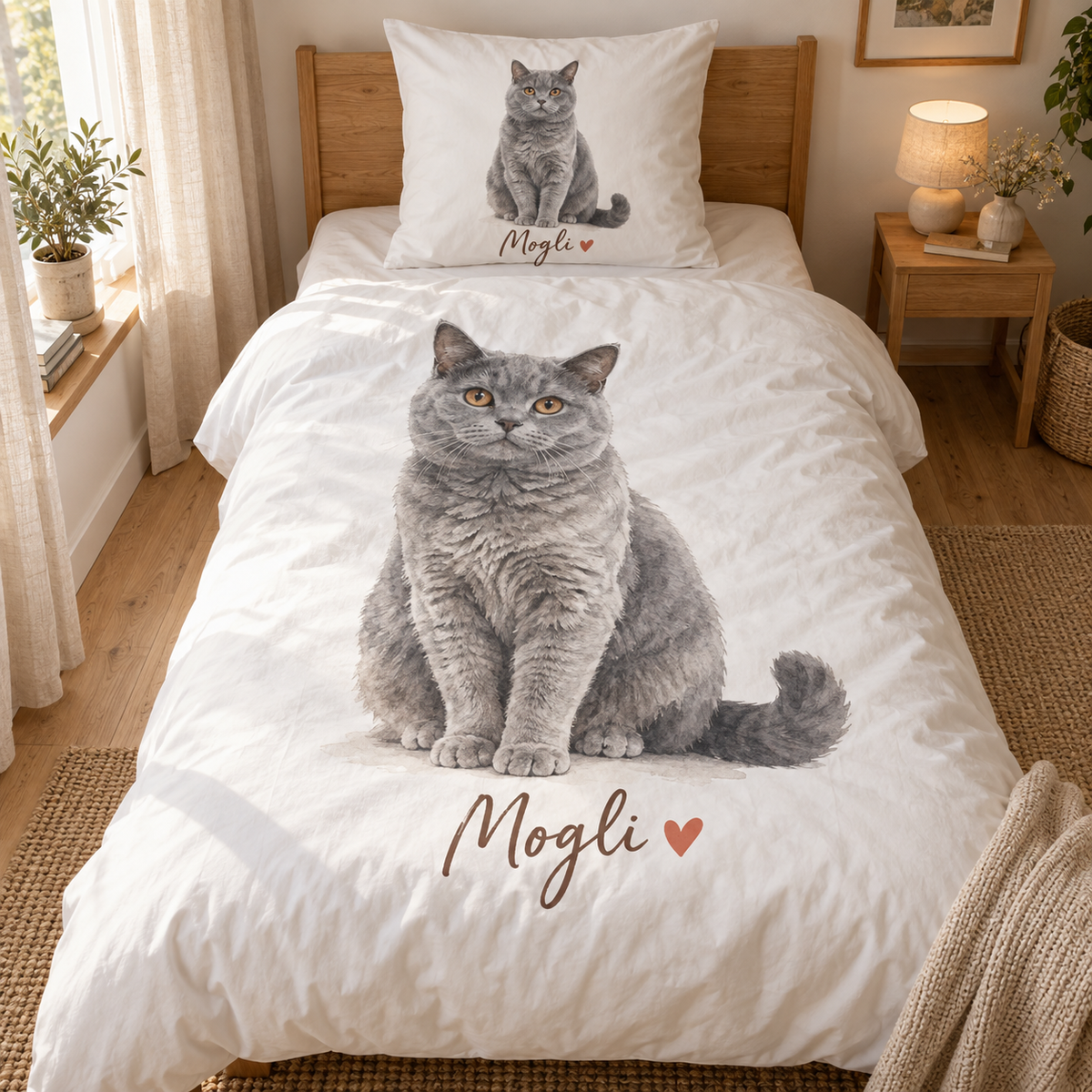 Personalisiertes Katzen-Bettwäsche-Set: Mogli als Aquarell auf Bettbezug und Kissenbezug