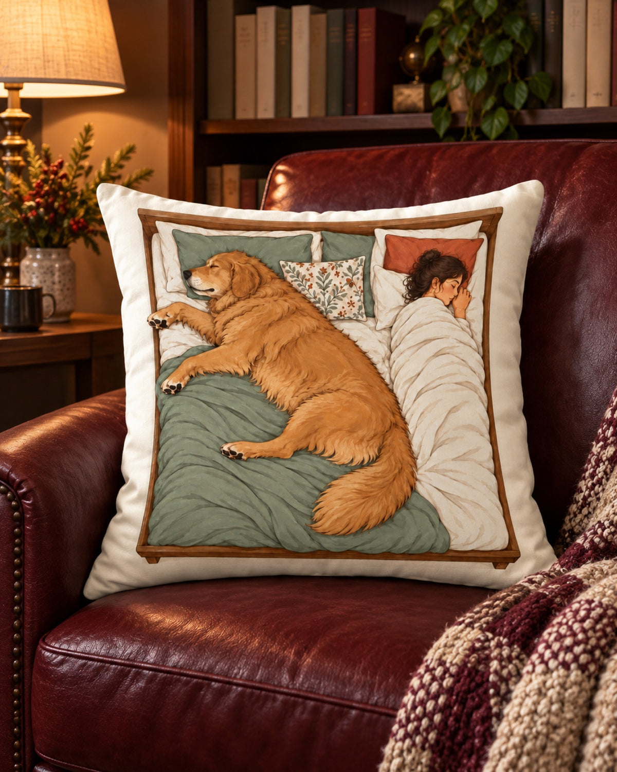 Kissen Platzverteilung mit Golden Retriever im Bett auf einem burgunderfarbenen Ledersessel im Winter