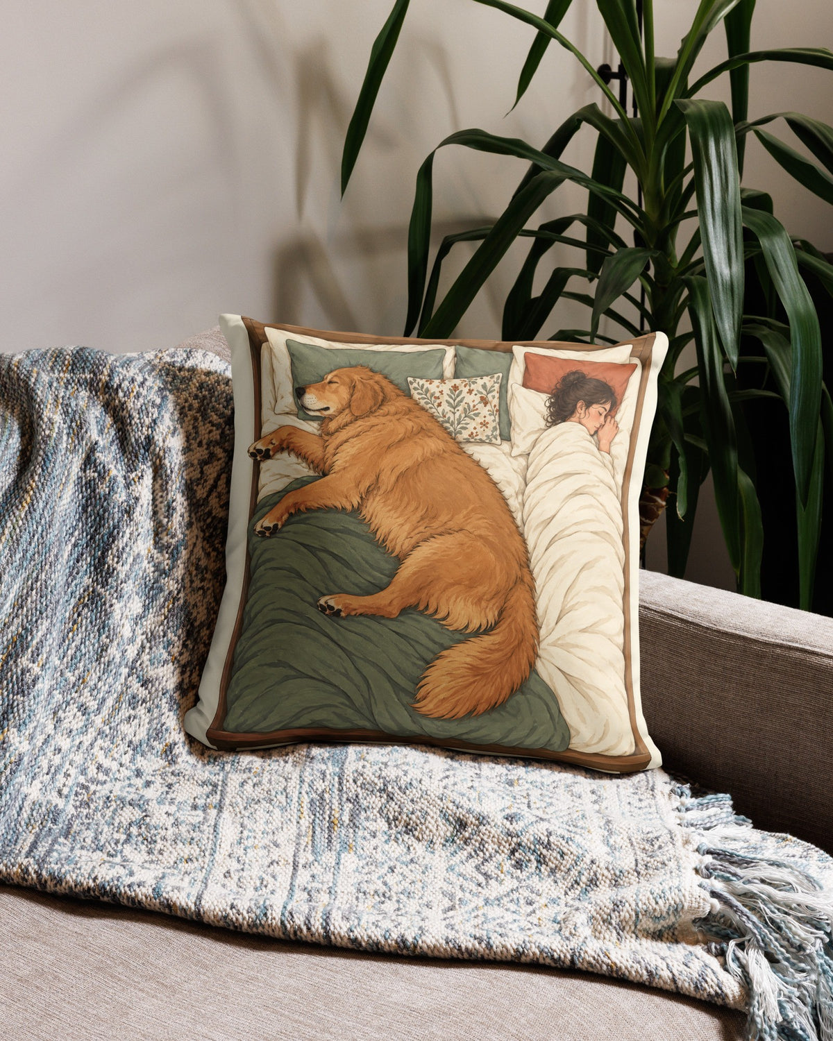 Kissen mit Hund, der das Bett für sich beansprucht, Wohnszene