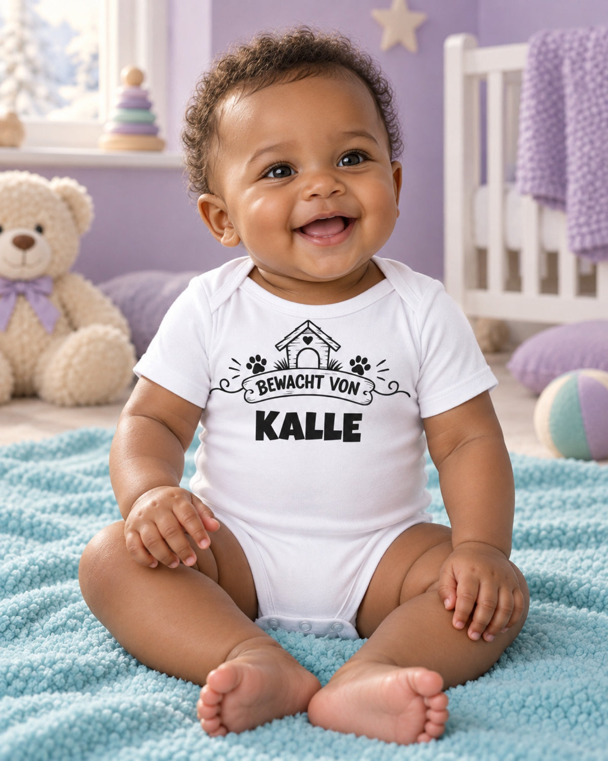 Baby im weißen Kurzarmbody mit dem Aufdruck Bewacht von und Beispielname Kalle auf einer türkisfarbenen Decke