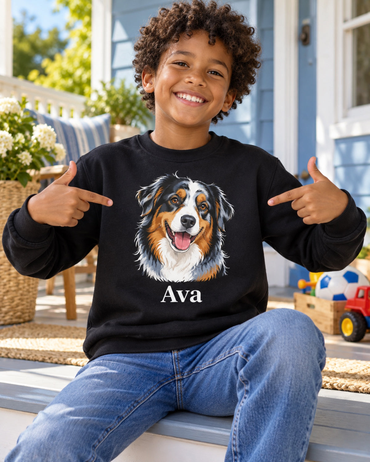 Junge im schwarzen Kinder-Sweatshirt mit Australian Shepherd Ava als farbigem Portrait auf einer blauen Veranda