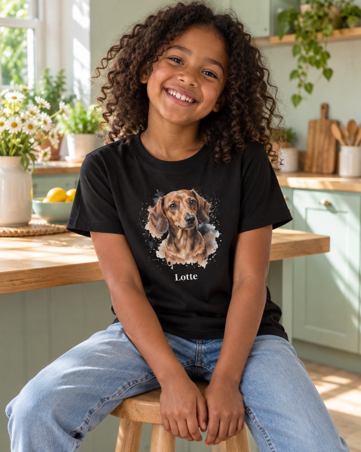 Mädchen im schwarzen Kinder-T-Shirt mit Dackel Lotte als Aquarellportrait in einer mintgrünen Wohnküche