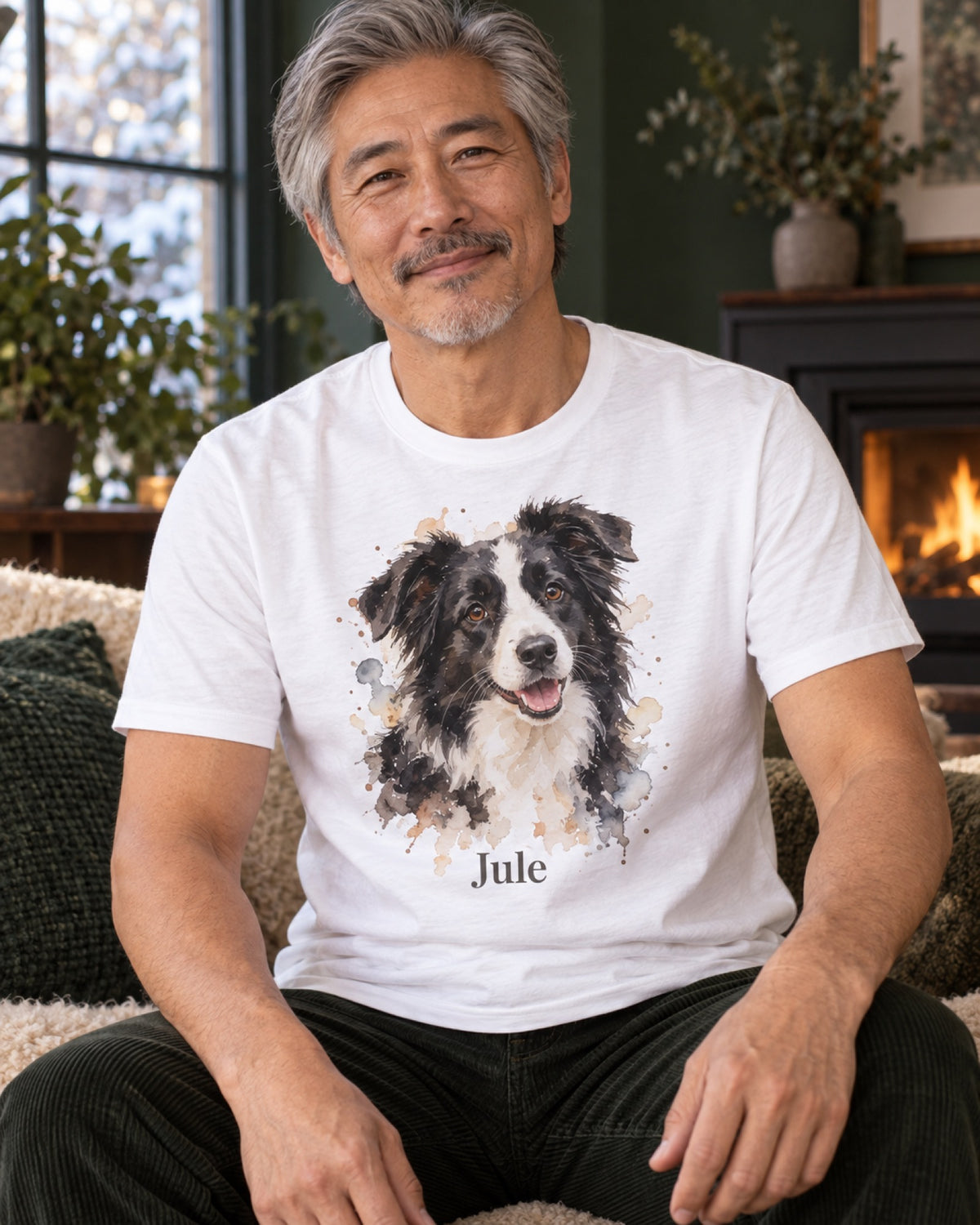 Mann im weißen T-Shirt mit Border Collie Jule als Aquarellportrait im dunkelgrünen Winterwohnzimmer