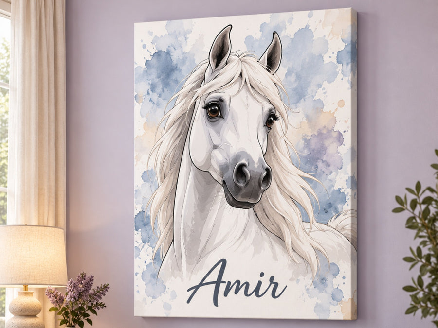 Wandbild auf Leinwand mit weißem Araber im Cartoon-Stil und Namen Amir im Wohnzimmer