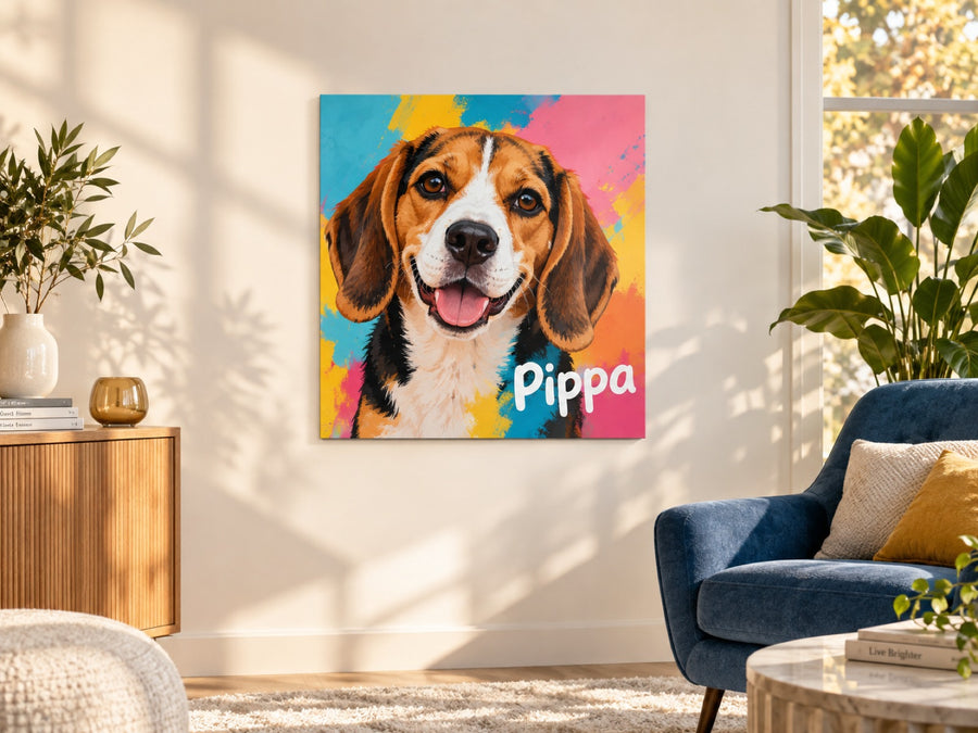 Beagle im Pop-Art-Stil mit Namen Pippa auf Leinwand