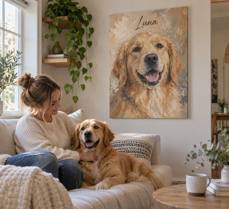 Hundeportrait auf Leinwand im Wohnzimmer, Golden Retriever mit dem Namen Luna