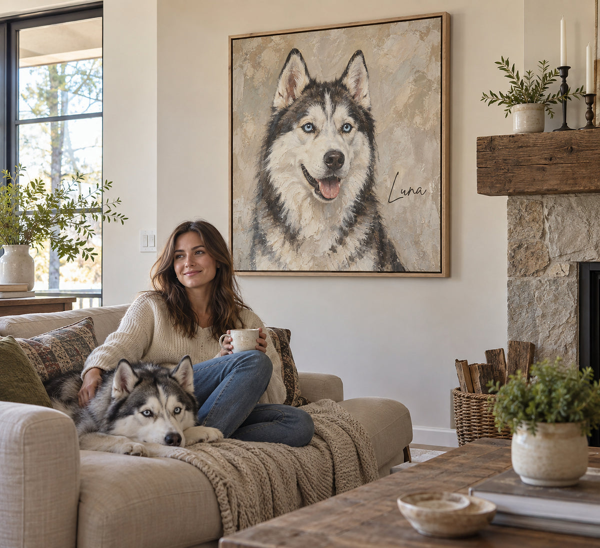 Hundeportrait auf Leinwand mit Rahmen im Wohnzimmer, Husky mit dem Namen Luna