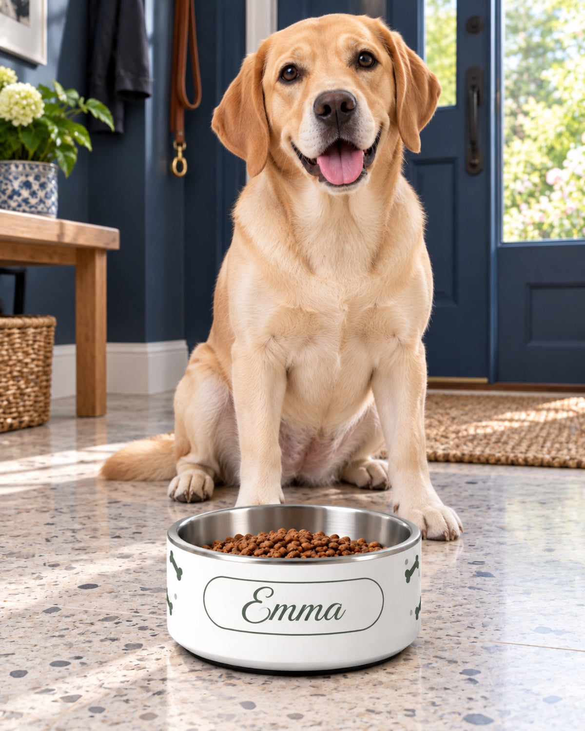Bedruckter Edelstahl Futternapf mit Namen Emma neben Labrador in einem dunkelblauen Flur auf hellem Terrazzo