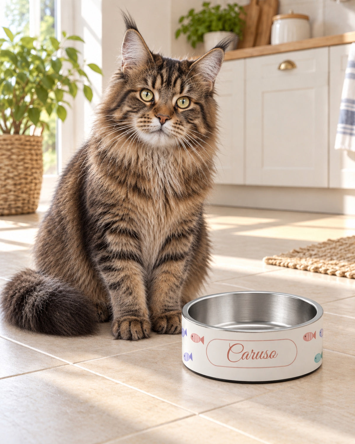 Bedruckter Edelstahl Futternapf mit Namen Caruso neben Maine Coon in einer hellen Landhausküche auf Stein