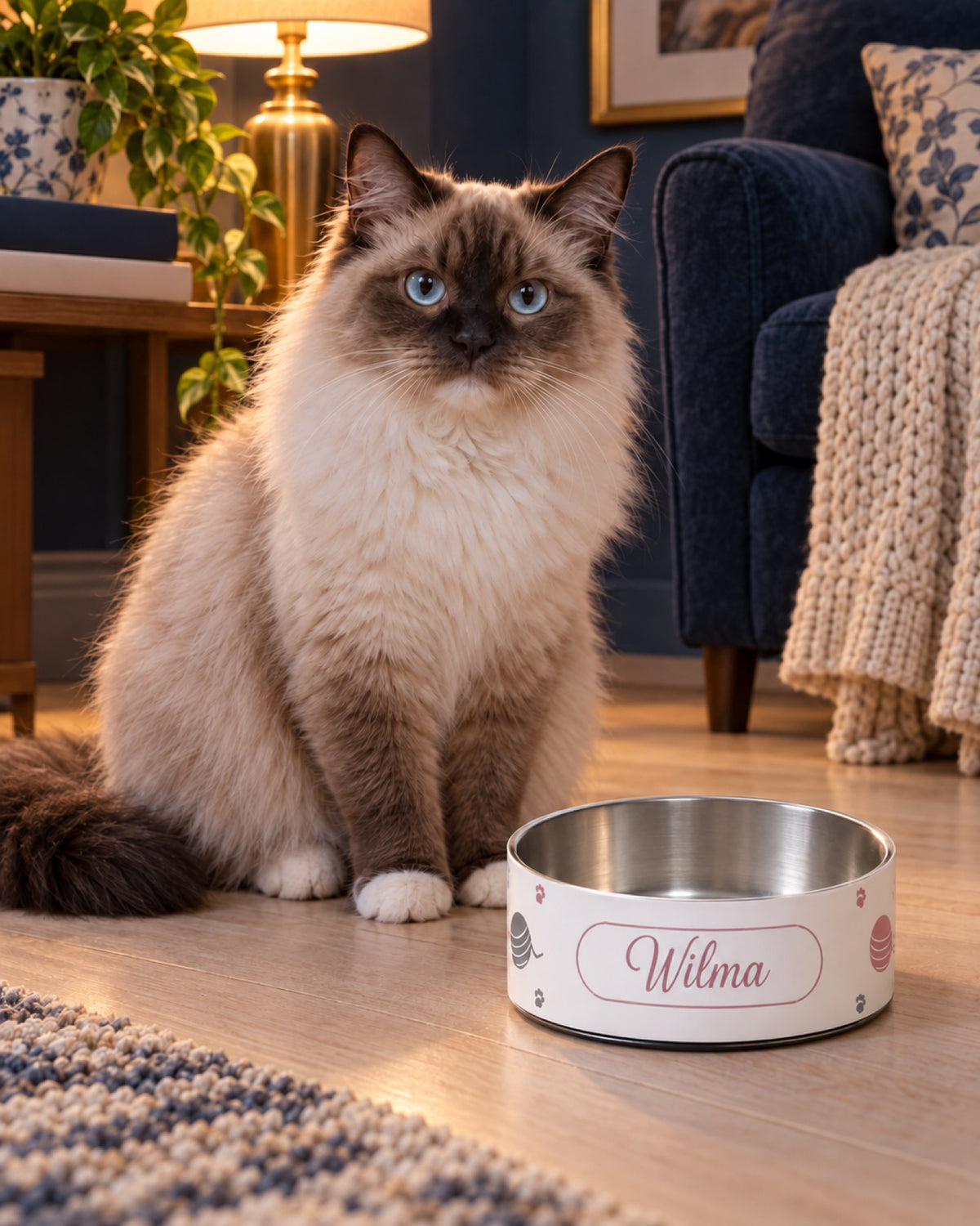 Bedruckter Edelstahl Futternapf mit Namen Wilma neben Ragdoll in einer dunkelblauen Leseecke auf hellem Holz